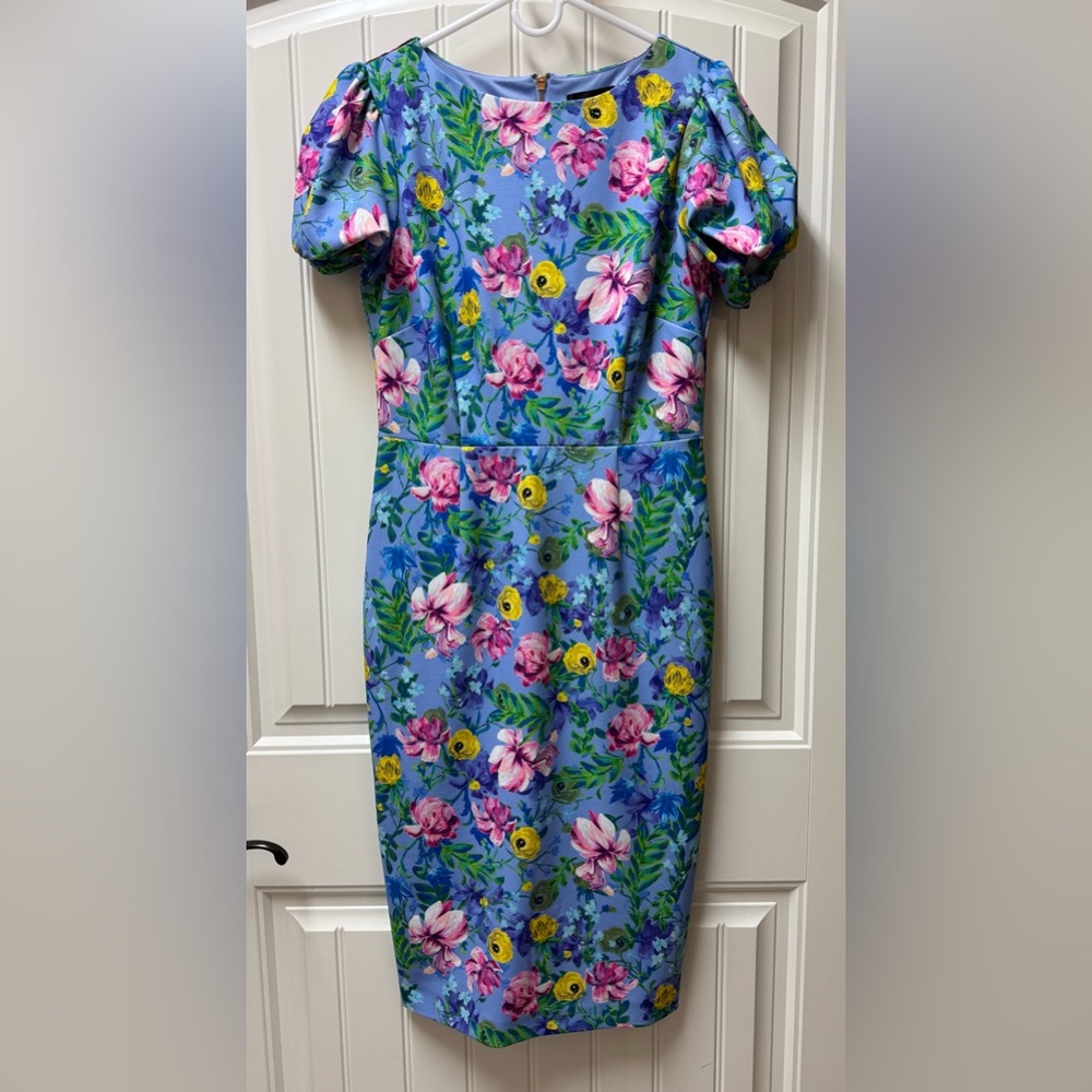 LN EASTER WOMENS MEDIUM (bust 38”) ALEXIA ADMOR ODETTE BLUE FLORAL SHEATH DRESS - Picture 3 of 4
